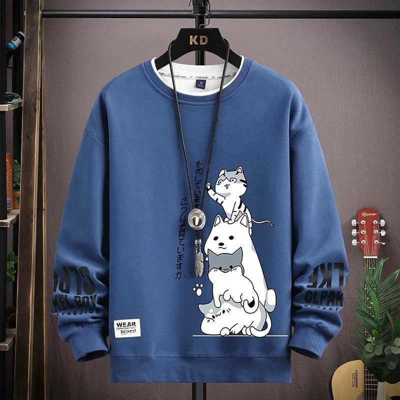 Autumn mens sportswear with Japanese cartoon cat print top Harajuku Takahashi long sleeved T-shirt casual and fashionable mens clothingW240724
