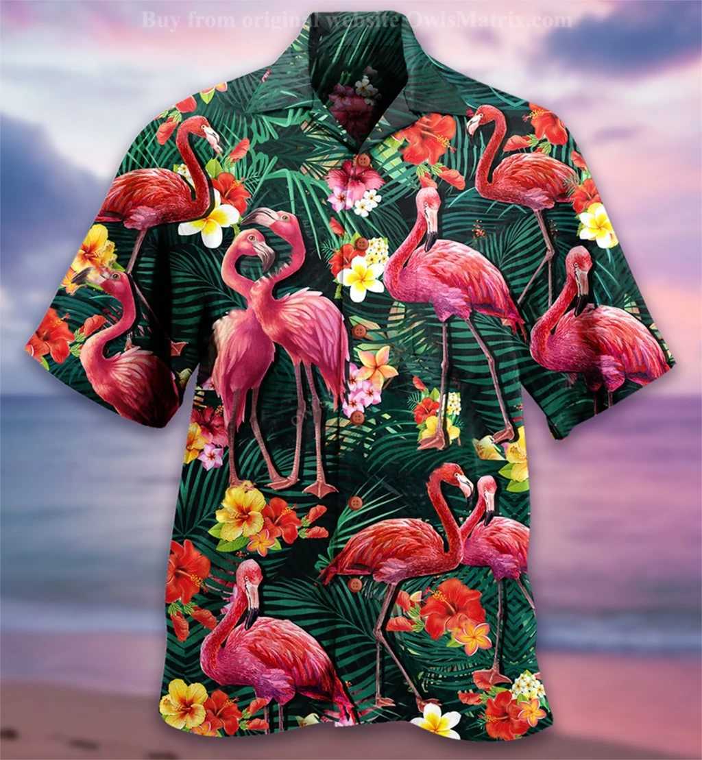 Summer Hawaiian Shirt for Men Designer 3d Printing Flamingo Short Sleeve Oversized Funny Mens Clothing Fashion Beach HarajukuXJ240812