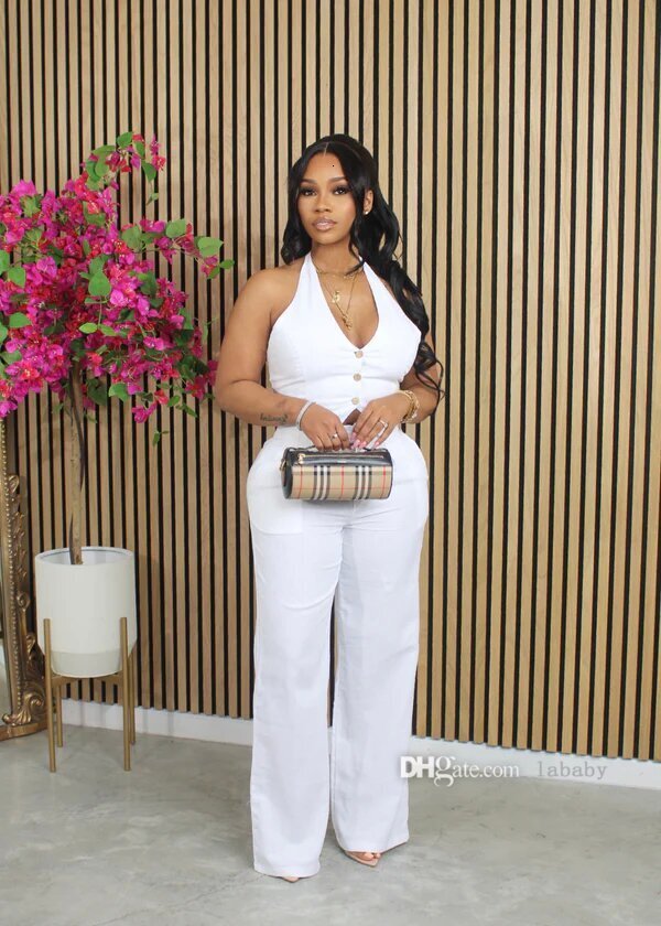 New Fashion Tracksuit Women Solid Color Two Piece Set Sexy Deep V-neck Hanging Neck Vest Suit And Loose Pants 2Pcs Sets For Women Outfits