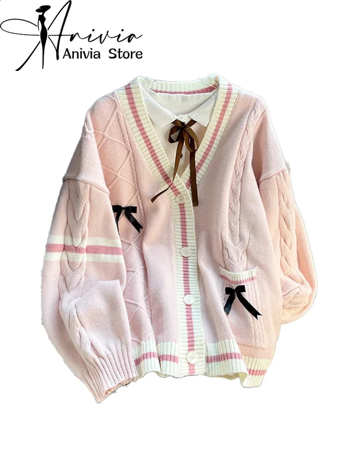 Womens Pink V-Neck Cardigan Knit Sweater Harajuku Y2k Kawaii Long Sleeves Bow Sweater Vintage 90s 2000s Aesthetic Clothes 240812