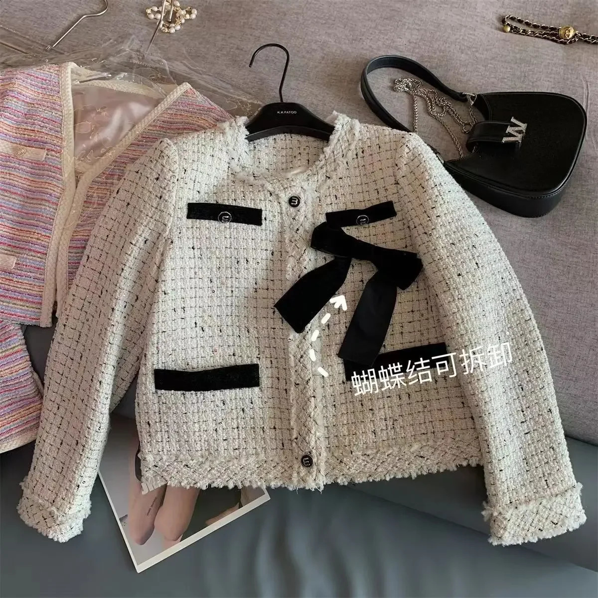 UNXX Bow-tie Wool Elegant Jacket Womens Autumn Winter Round Neck Tweed Woven Sequin Woolen Blazer Top High Quality Trendy 240812