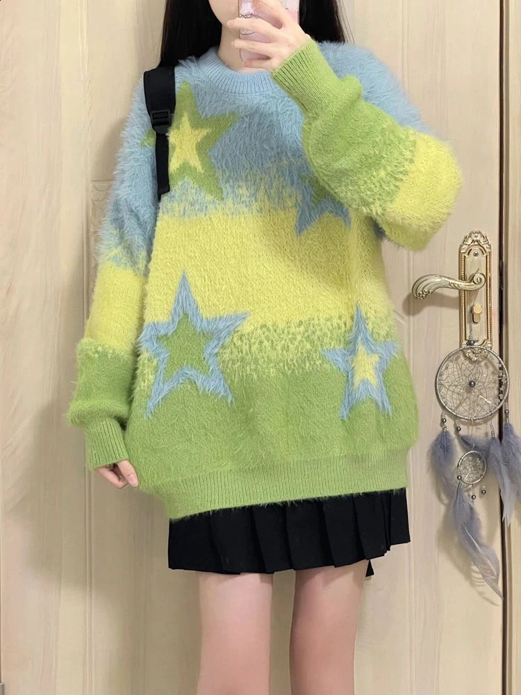 Preppy Style Sweater Long Sleeve Star Jacquard Contrast Color Casual Loose All Match Pullovers Autumn Winter Women Clothing 240812