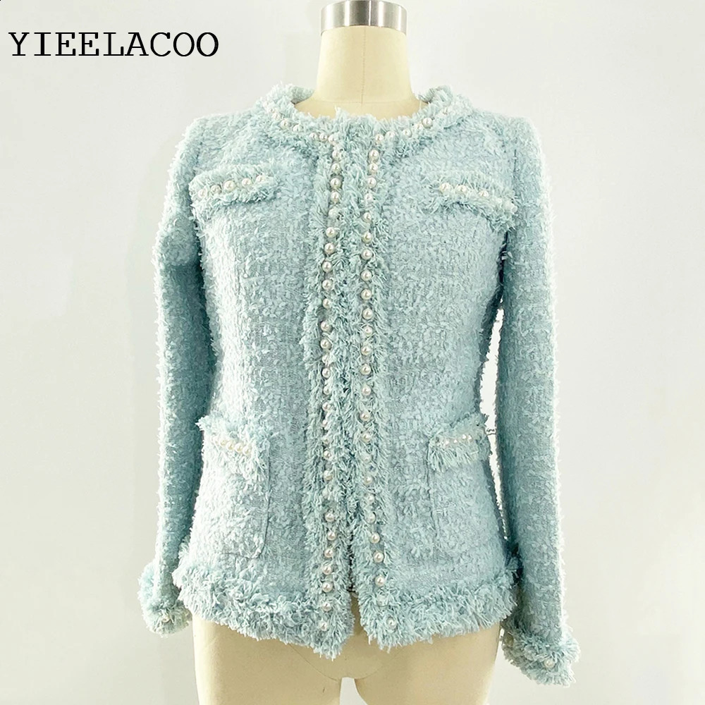 Light blue tweed jacket spring /autumn / winter jacket temperament One piece round neck coat Handmade beads womens jacket 240812