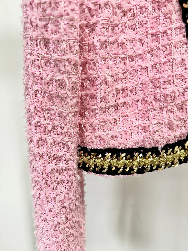 High Quality Chain Decoration Lady Fall Winter Long Sleeve Lady Elegant Tweed Short Coat 240812