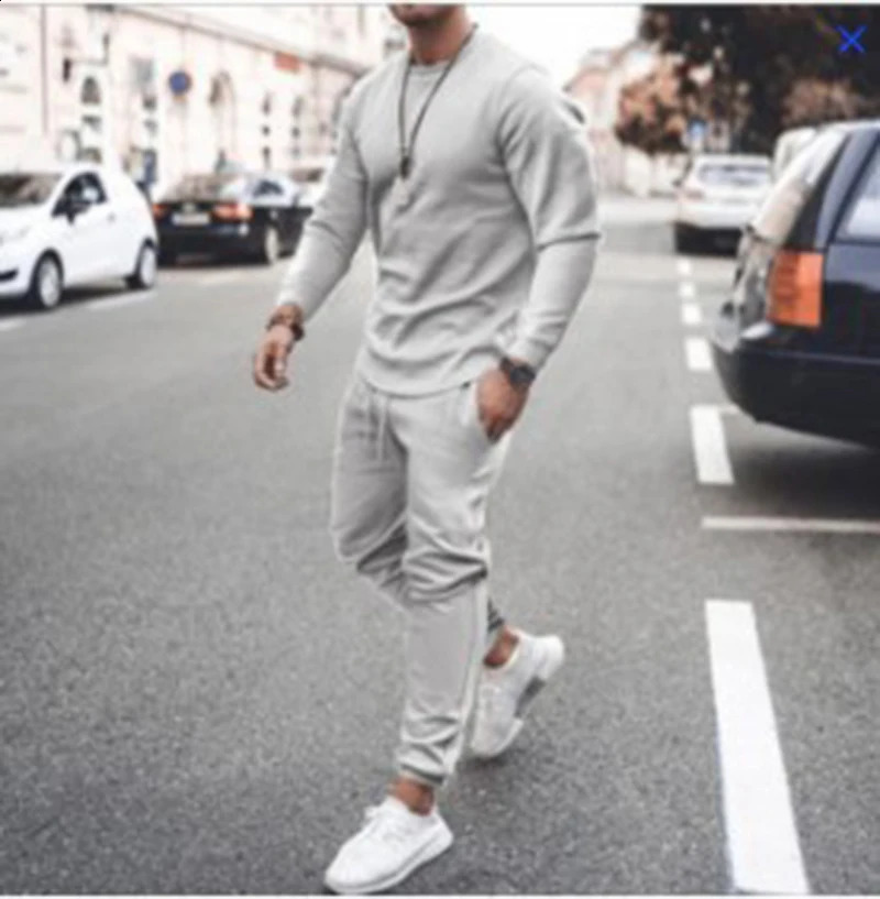 Summer Long-Sleeved Leisure Sports Two-Piece Mens Breathable Sweat-Absorbing Trend Multi-Color Suit 240812