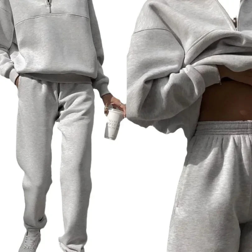 Tracksuit Women Pant Sets Two Piece V Neck Long Sleeve Solid Pullovers Loose High Street Elastic Waist Pencil Pants Flat Zipper 240812