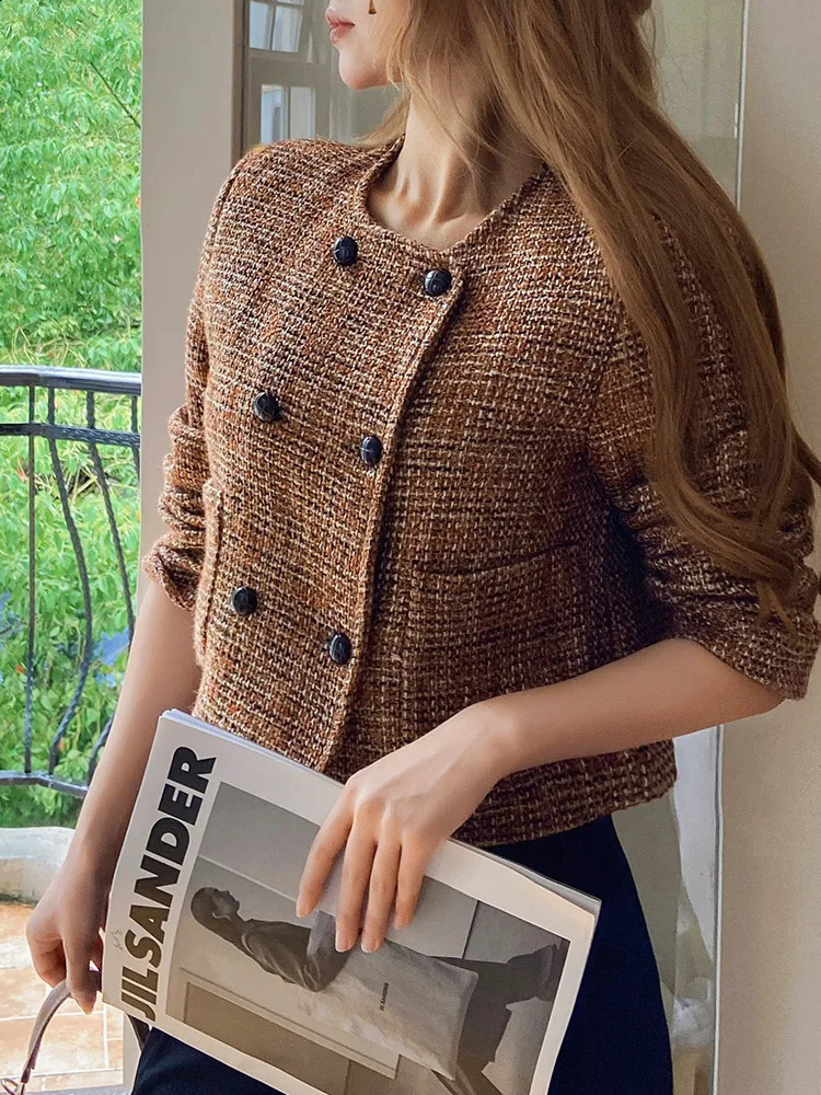 Dabuwawa Double Breasted Tweed Coat Vintage Women Collection O Neck Jacket Light Weight Fancy Suiting DM1COT019 240812