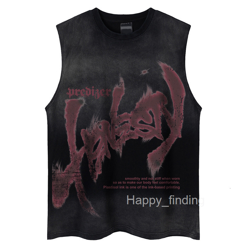 Mens Hip Hop Gradient Graffiti Printed Sleeveless T-shirt for Men and Women Trendy Style Loose Couple Suede Tee