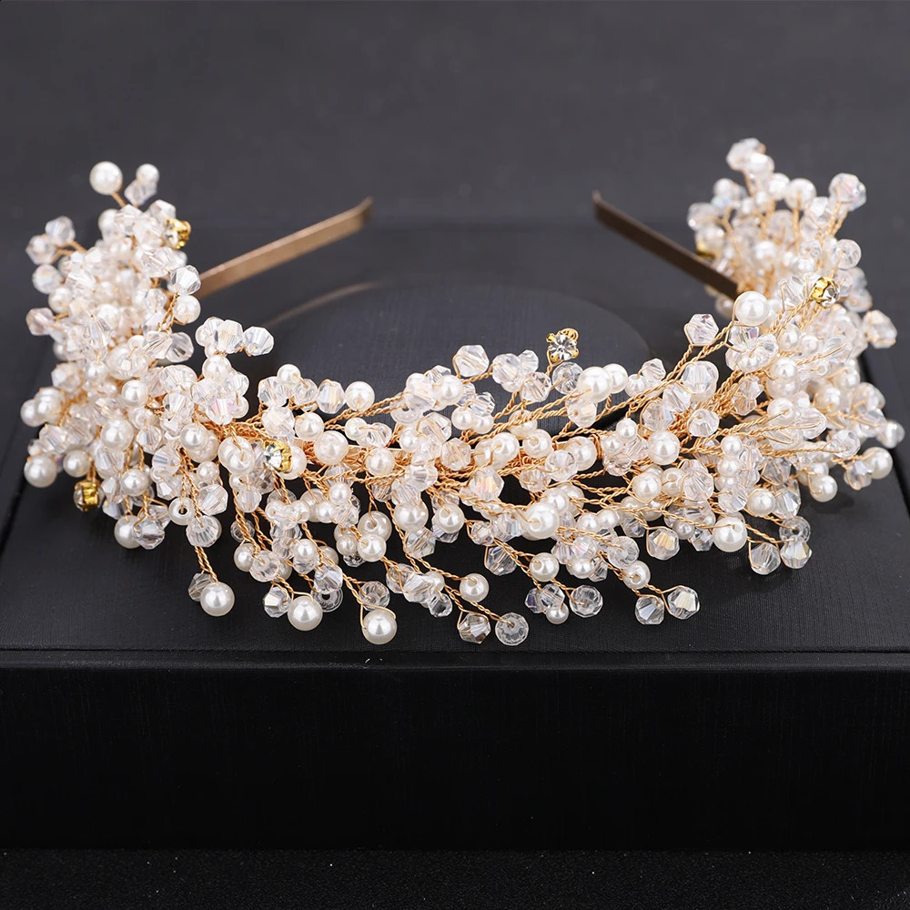 Pearl Crystal Bridal Crown Headpieces Handmade Party Wedding Hair Accessories Vintage Rhinestone Women Headband Tiaras 240805
