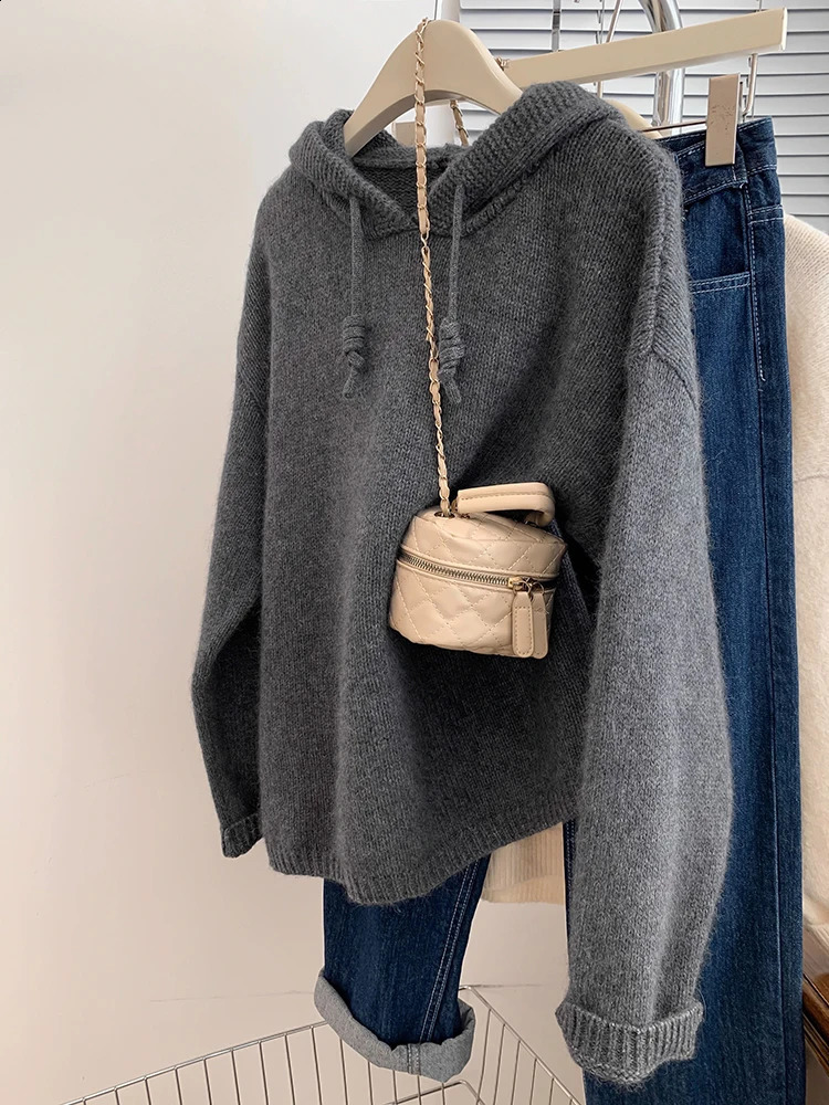 Women Sweater Autumn Winter Fashion Long Sleeve Tops Casual Loose Hooded Knitted Pullovers Korean Lazy Style Solid Color Sweater 240812