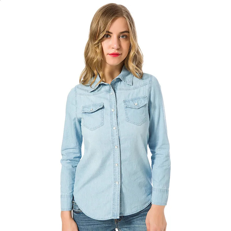 Autumn Denim Shirts Blouses Women Long Sleeve Top Sky Blue Color Single Buttons Elegant Korean Tops Shirts With Pockets 240812