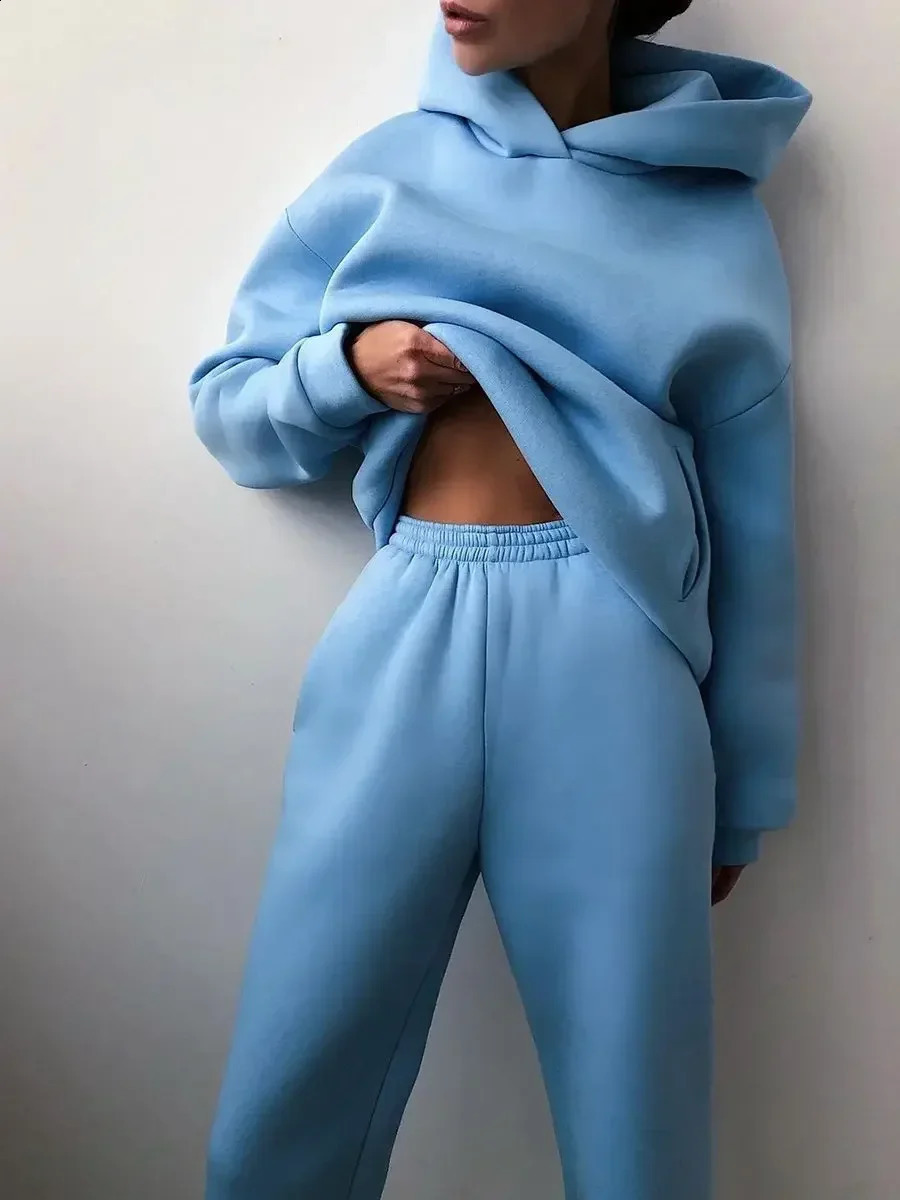 Womens Tracksuit Casual Solid Long Sleeve Hooded Sport Suits Autumn Warm Hoodie Sweatshirts And Pant Fleece Two Piece Sets 240810