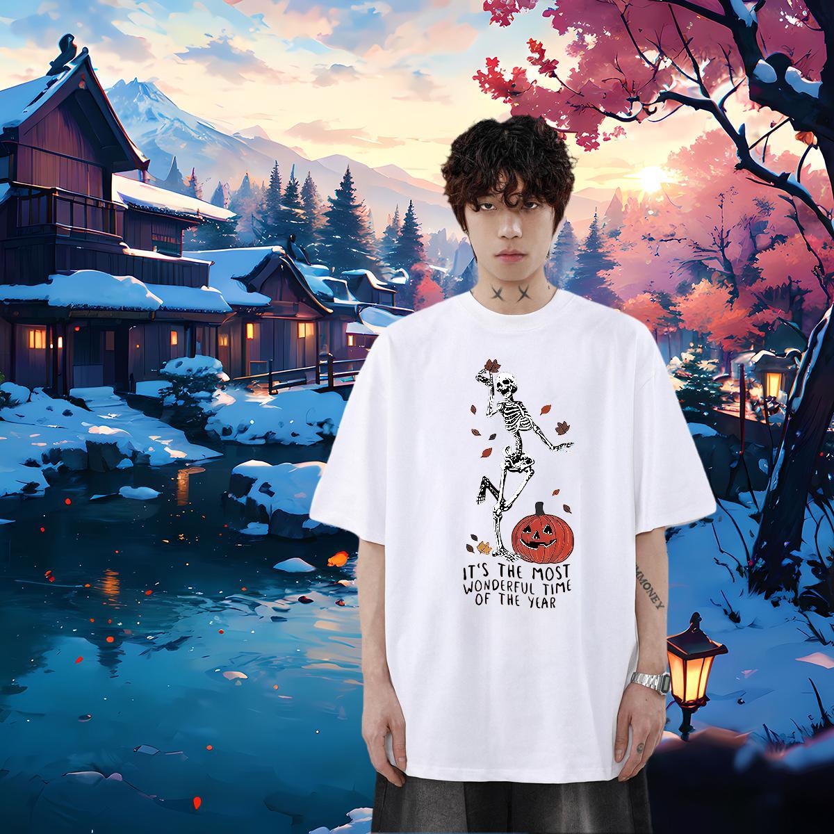 DIY Customized T-Shirts for Men pumpkin Tee Shirt 230g 100% Cotton Daily Wear Soft Floral Print Crew Neck Breathable Men Clothes T-Shirt
