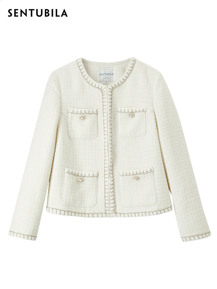 SENTUBILA Elegant Cropped Tweed Jacket Women Spring Fashion Straight-cut Short Coats for Woman Female Outerwear 123W44147 240812