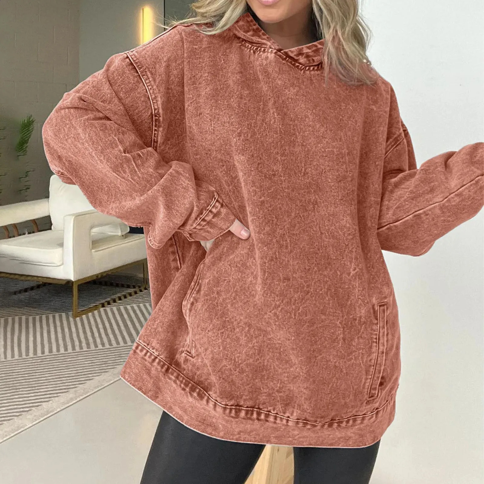 Vintage Distressed Solid Hooded Pullover Hoodie Oversize Woman Washed Wax Dyeing Baggy Casual Hoodies Sweatshirt Women 240812