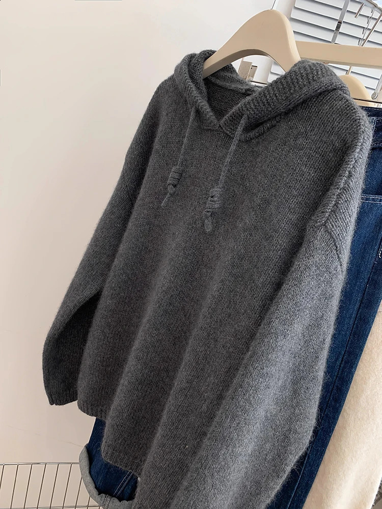 Women Sweater Autumn Winter Fashion Long Sleeve Tops Casual Loose Hooded Knitted Pullovers Korean Lazy Style Solid Color Sweater 240812