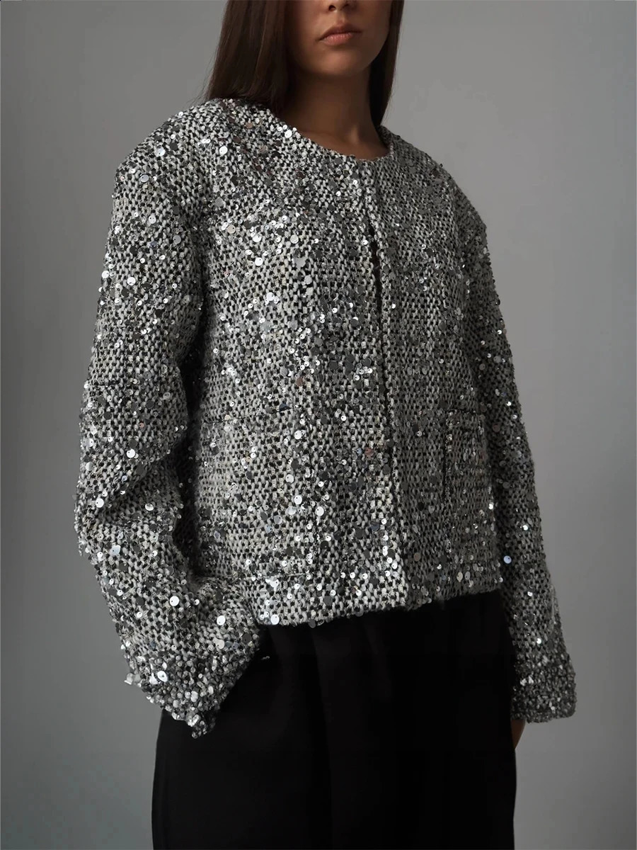 Fashion Silver Sequin Embellishment Round necked Thick Tweed Suit Coat Autumn Fashion Womens Long sleeved Casual Jacket 240812