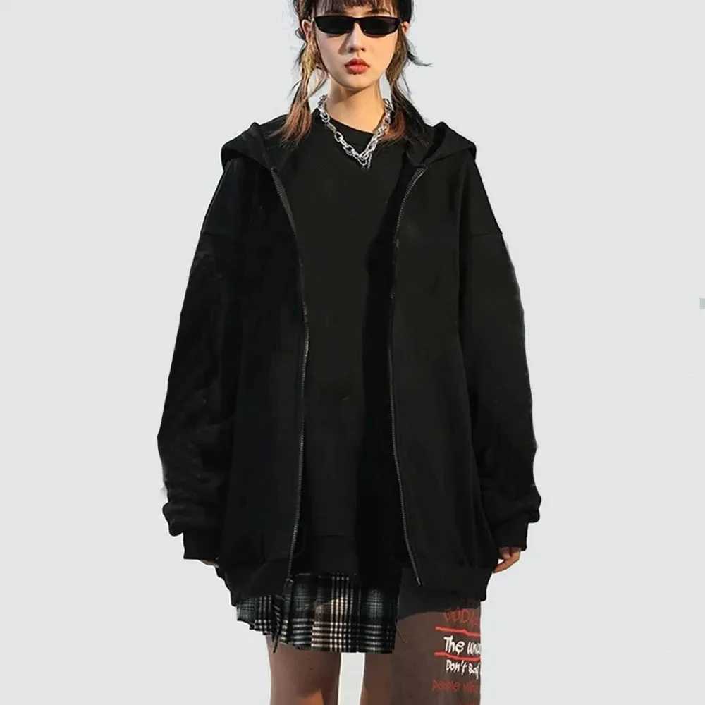 High Street Hoodie Men Solid Color Zip Up Long Sleeve Loose Jacket Coats Casual Hooded Sweatshirt Y2K Fashion Outdoor ClothesXJ240812