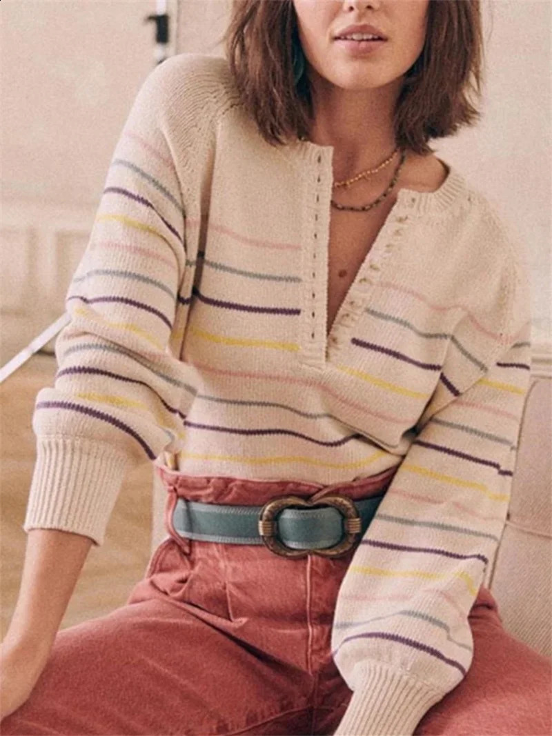 Autumn Womens Front Buttons Sweater Stripes Preppy Style O-neck Long Sleeve Female Pullover Tops 240812
