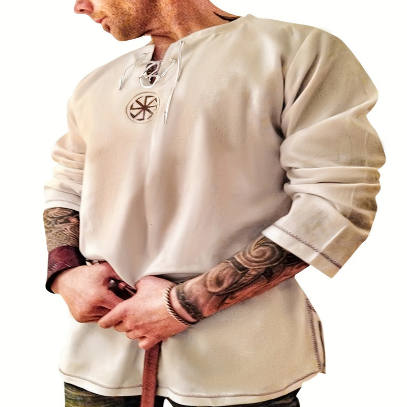 Knight style mens ancient Viking linen shirt medieval roleplaying clothing long sleeved embroidered retro Tshirt 240808