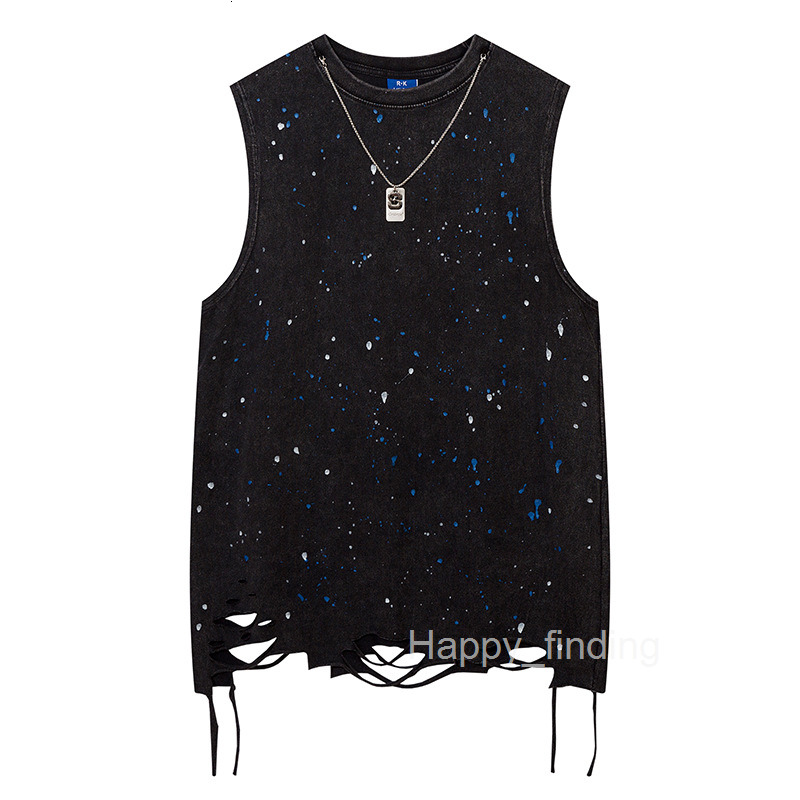 Mens Trendy Style Starry Sky Design with Splashing Ink and Chain Cut Broken Hole Bottom Abi Feng Tank Top