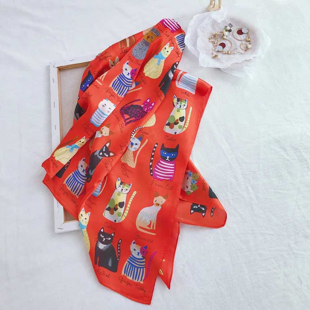 New Fashion Cat Printed Silk Square Scarf 90 * 90cm Womens Neck Hair Tie Strap Bag Knitted Soft Collar Headscarf W240810