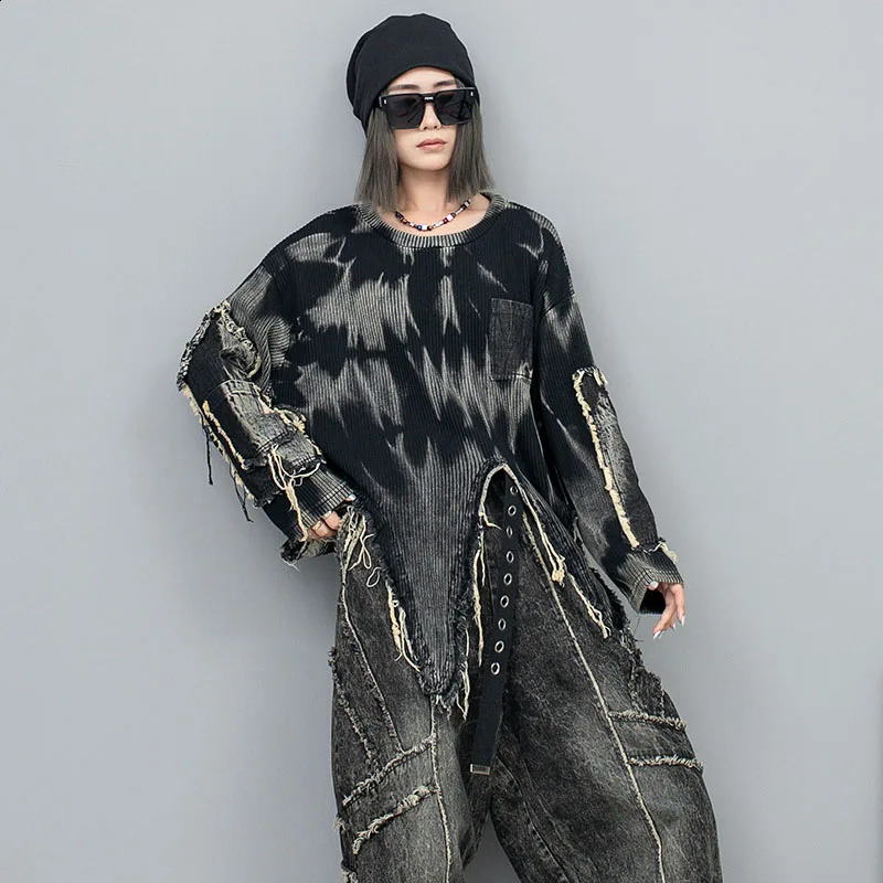 Woman Autumn Personality Vintage Distressed Tie-dye Denim Irregular Long Sleeve Knit Patchwork Streetwear Sweater O-neck Top 240812