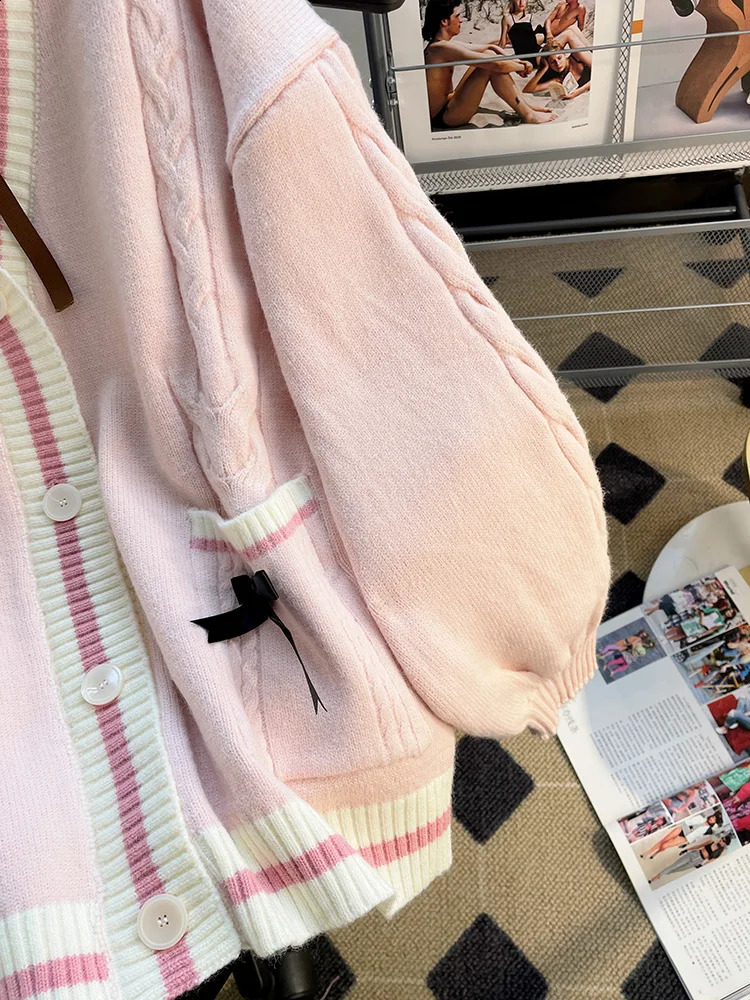 Womens Pink V-Neck Cardigan Knit Sweater Harajuku Y2k Kawaii Long Sleeves Bow Sweater Vintage 90s 2000s Aesthetic Clothes 240812