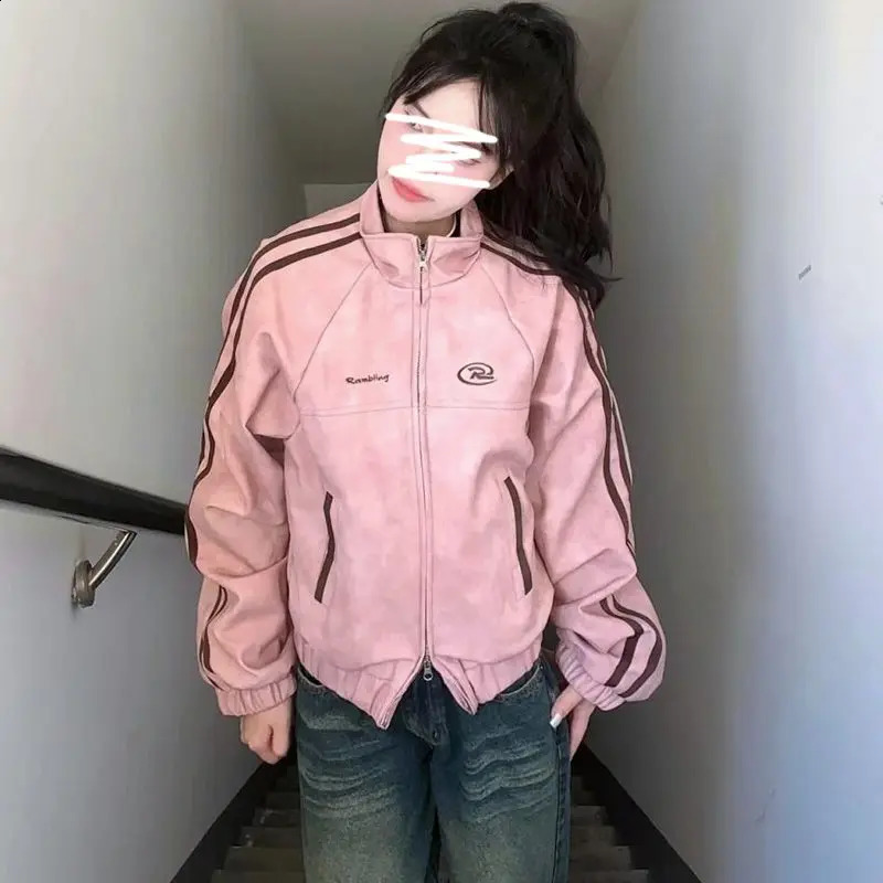 Bombers Coat Woman Hip Hop High Street Racing Bomber Varsity Leather Jacket Vintage Motorcycle Pink Leather Jacket Femme 240812