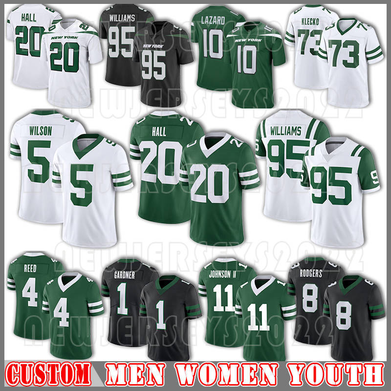 Breece Hall Garrett Wilson Football Jerseys Aaron Rodgers Sauce Gardner New Yorks Quinnen Williams Joe Namath Will McDonald IV Travis Quincy Williams D.J. Reed Klecko