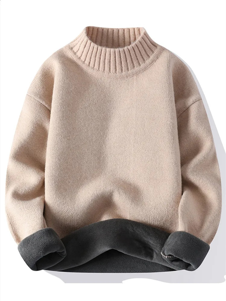 2024 AutumnWinter Fashion Solid Color Plus Fleece Thickened Warm Knitwear Mens Casual Loose Large Size High Quality Sweater 240812