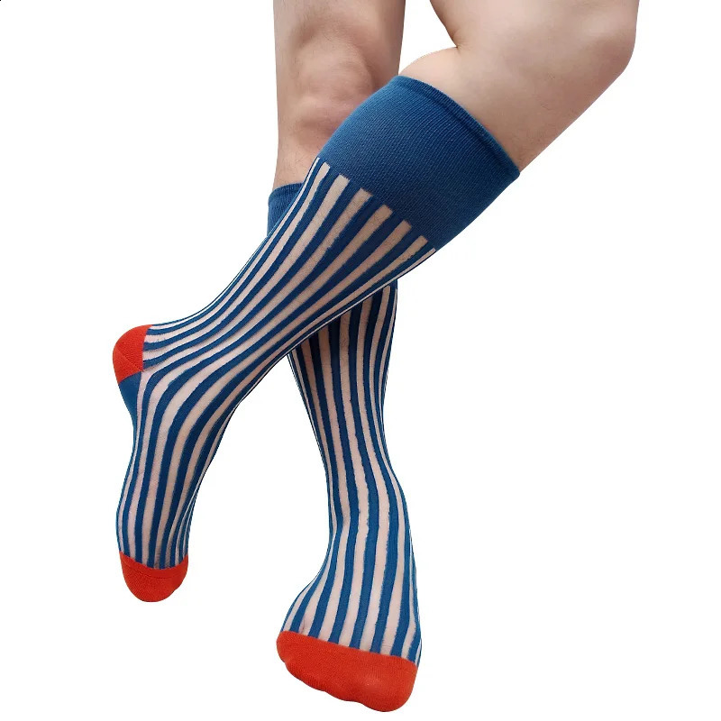 See Through Striped Mens Formal Socks Over the Calf Dress Suit Male Sexy Stocking Lingerie Business Long Tube Hose Softy Funny 240812