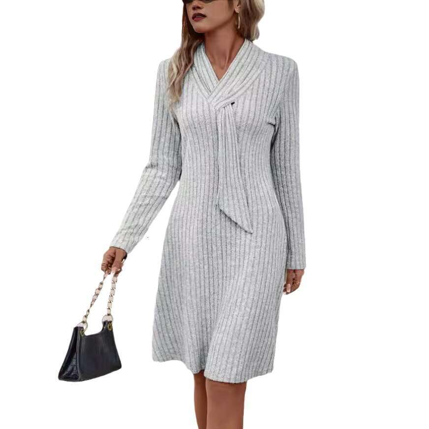 Womens Tiktok2024 Temperament Casual Solid Color Knitted Long Sleeved Dress Polka Point Chiffon Long Sleeve Dress Sexy Dress Temperament Novelty Silk 