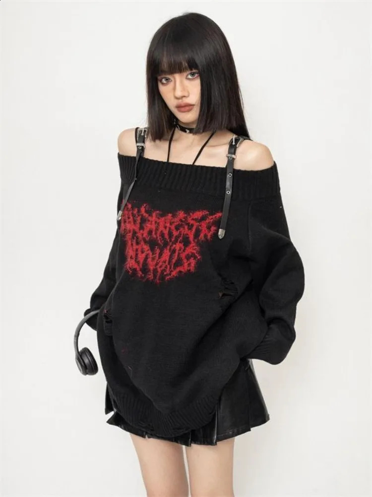 Deeptown Grunge Y2k Sweater Knitwear Women Japanese Style Gothic Off Shoulder Long Sleeve Ripped Jumper Harajuku Goth Streetwear 240812