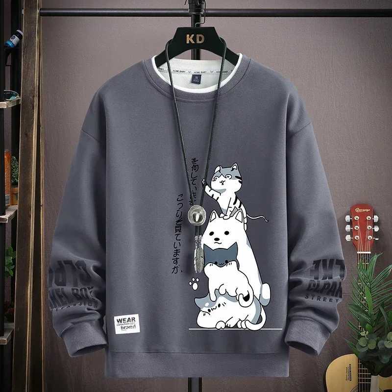 Autumn mens sportswear with Japanese cartoon cat print top Harajuku Takahashi long sleeved T-shirt casual and fashionable mens clothingW240724