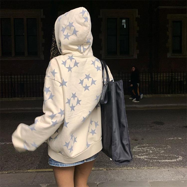 Women's Hoodies Sweatshirts Women Vintage Star Print Hoodies Fashion Casual Zip Up Long Sleeve Loose Jacket Coats Harajuku Hooded Sweatshirts Y2k