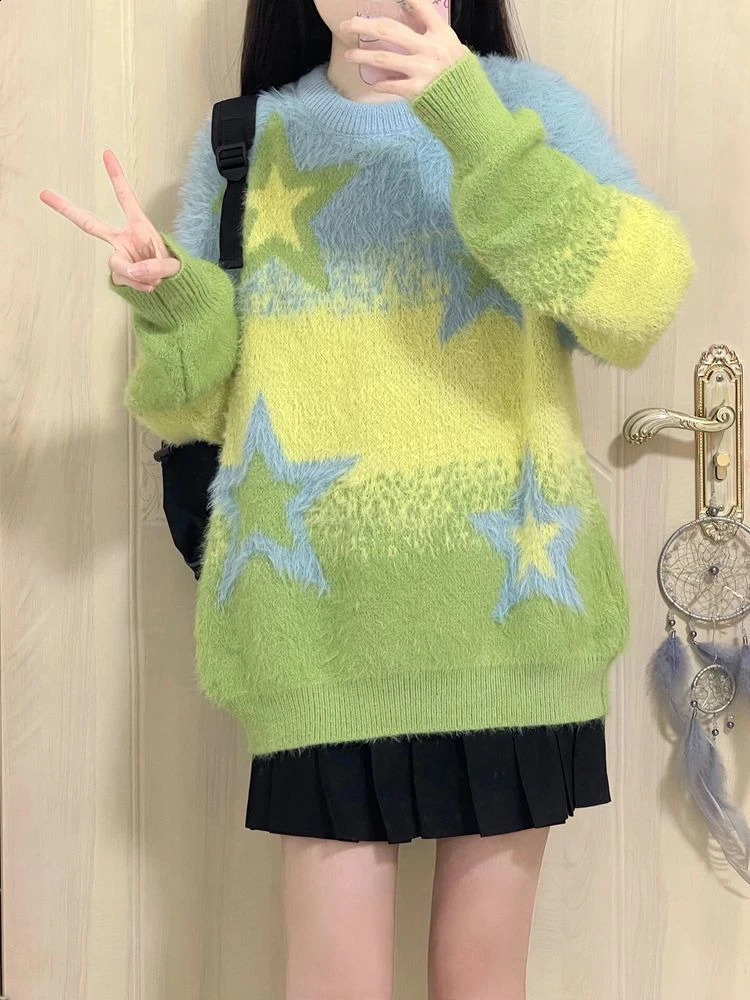 Preppy Style Sweater Long Sleeve Star Jacquard Contrast Color Casual Loose All Match Pullovers Autumn Winter Women Clothing 240812