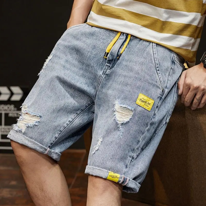 Mens Summer Thin Five Piece Pants Elastic Waist Drawstring Hole Loose Plus Size Trend Pants Casual Fashion Men Clothing 240812