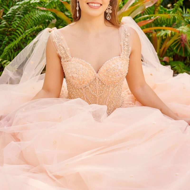 Champagne Quinceanera Dress Off The Shoulder Mexican Vestidos De 15 Beads Pearls Tull Princess Sweet 16 Birthday XV Ball Gown