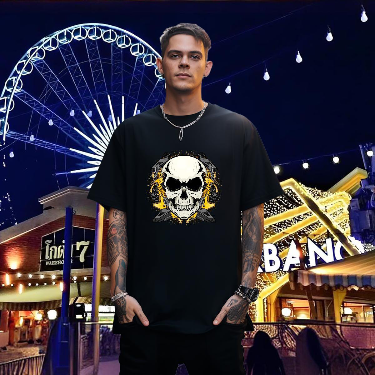 Fashion Casual T Shirts Men skull Top Tees 100% Cotton 230g Beach Cool Asian Size Breathable Crew Neck Men Tshirts