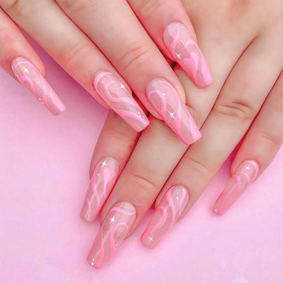 24 pieces of blue wave printed fake nail patch adhesive type detachable long section fashionable ergonomic coffin fake nail ballet dancer art W240810