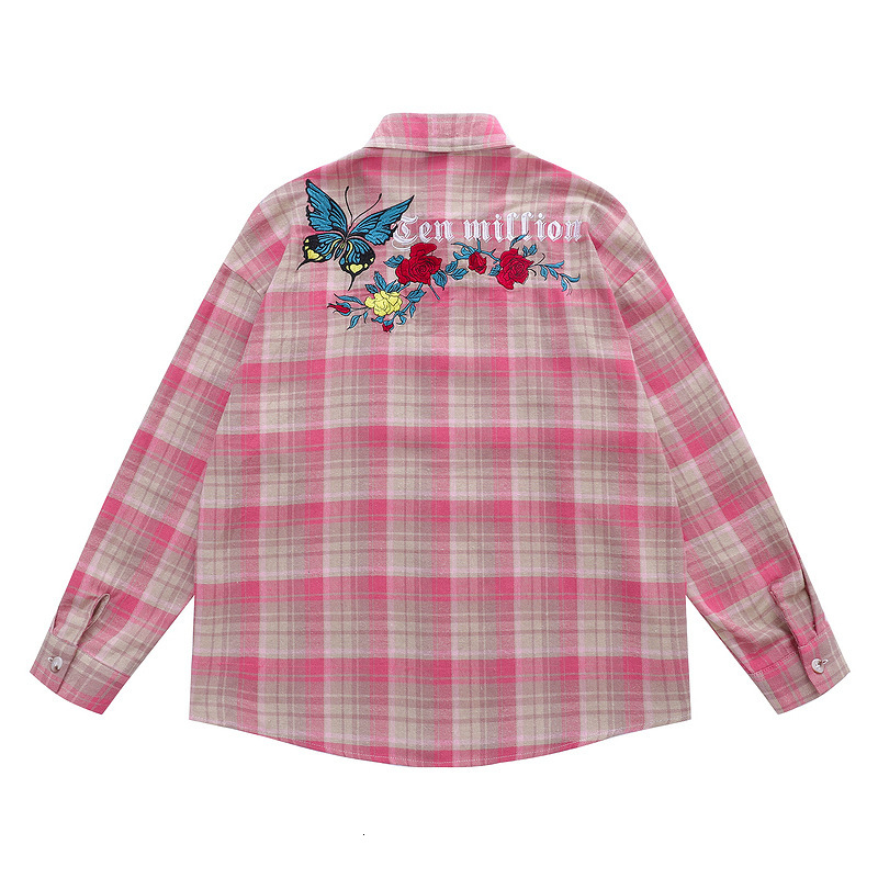 Clothing for Men American Hip-hop Butterfly Embroidery Tassel Shirt Trendy Plaid Long Sleeved Cleanfit Shirt for Men