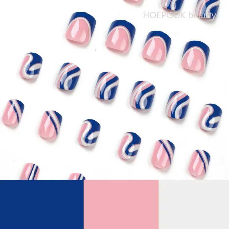 24 pieces of French blue and white shortwave T-shaped coffin fake nails with glue fully covered fake nails artistic seamless detachable nails W240810