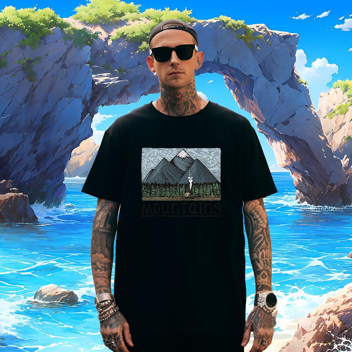 TOP Quality Tshirts mountains 230g 100% Cotton Daily Outfit Short Sleeve Soft Man T Shirts White Plus Size 2024 Tees Shirts