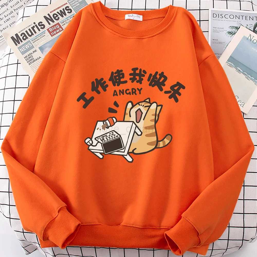 Work Makes Me Happy Fun Cat Cute Print Cartoons Hoodie Men Women Fashion Sportswear Autumn Loose Fleece Pullovers StreetwearXJ240812