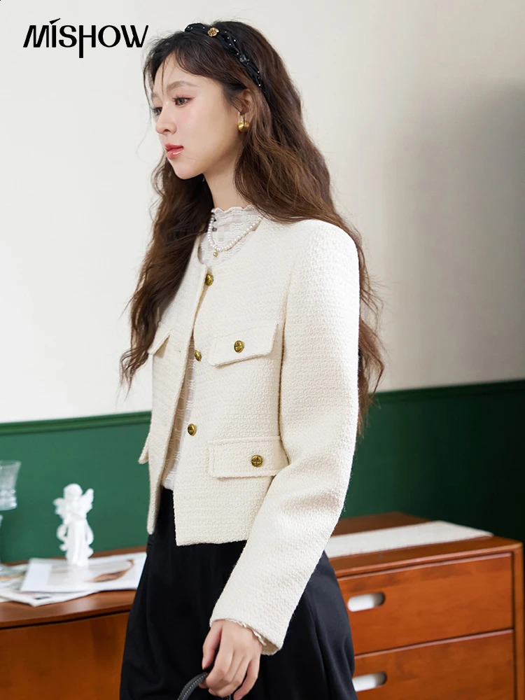 MISHOW Womens Wool Blend Tweed Short Coat Spring Autumn Woolen Cropped Sweet Solid Jacket Elegant Temperament Tops MXC44W0073 240812