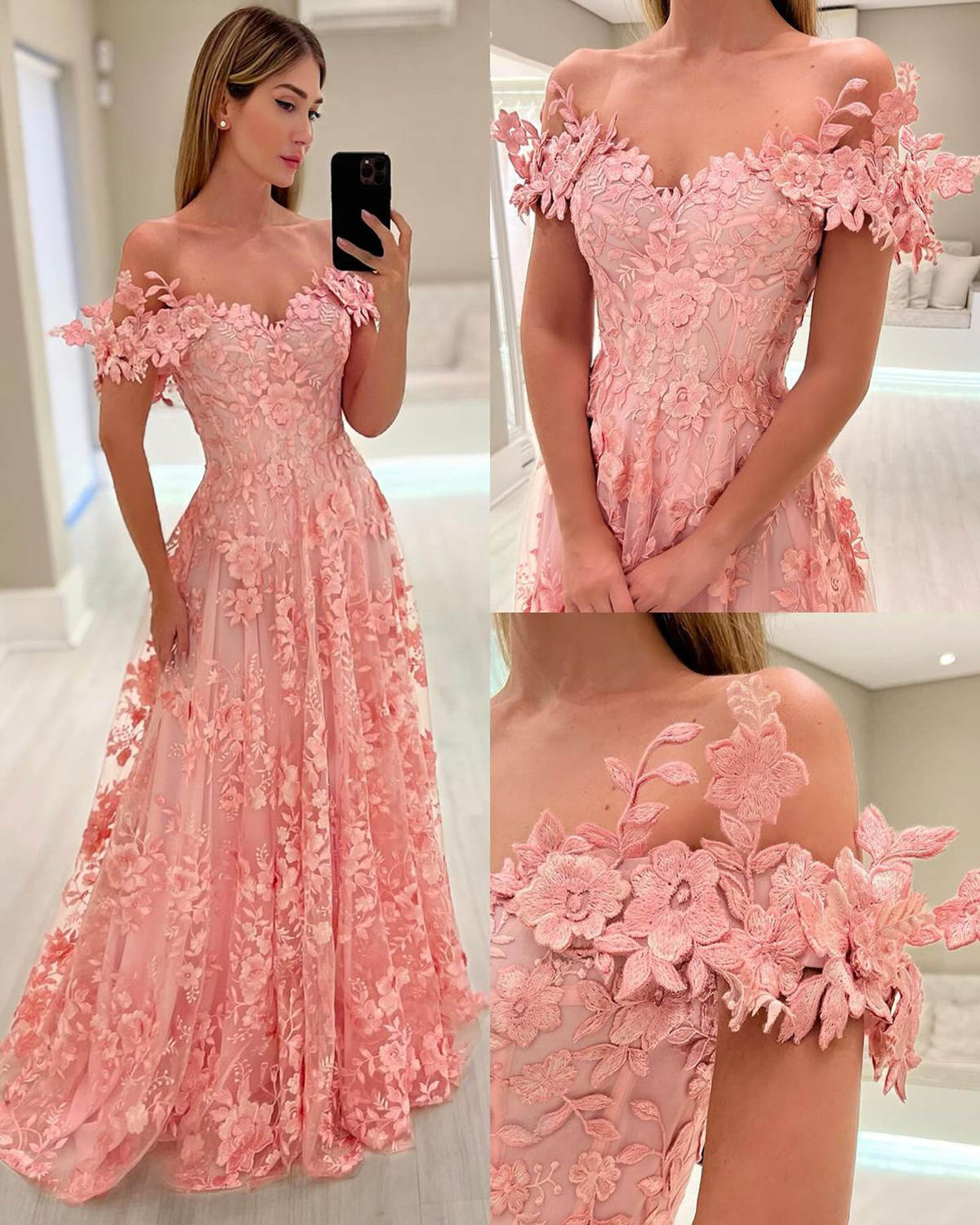 Lovely A-line Prom Dresses Floral-Appliques Off Shoulder Tulle Sweetheart Backless Lace Up Custom Made Plus Size Shining Party Evening Dress Vestido D