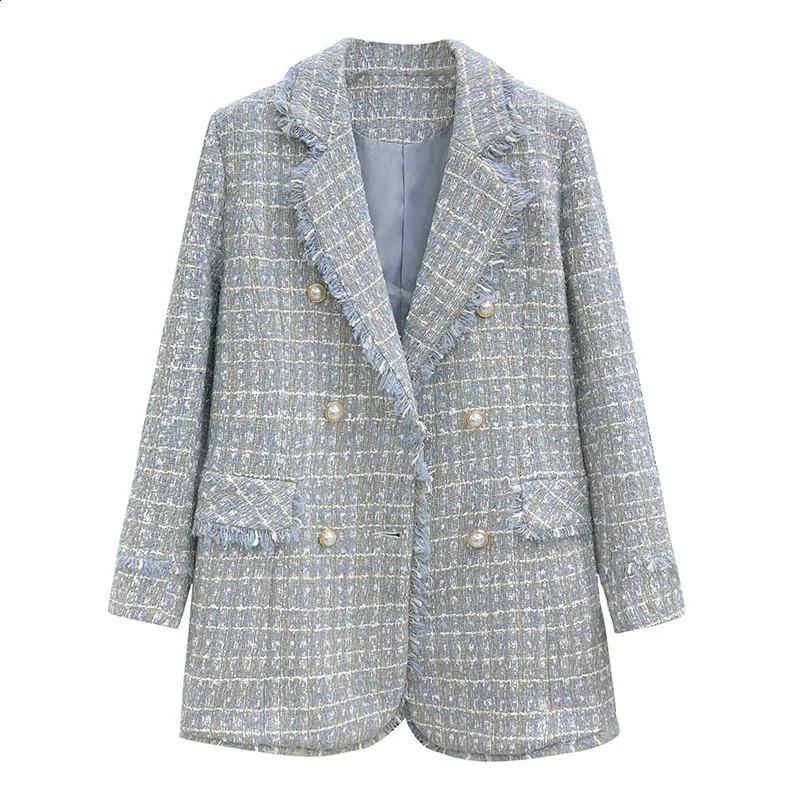 Blue Tweed Women Blazer Jacket Office Lady Plaid Double Breasted Button Up Coat Casual Girls Streetwear 240812