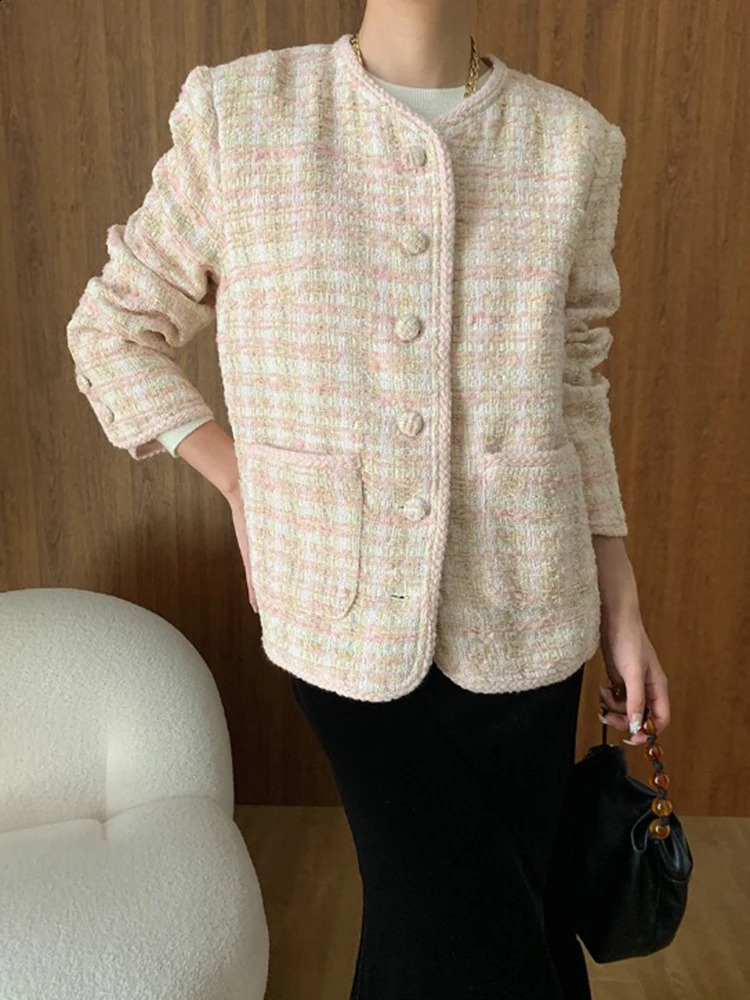 LANMREM Tweed Round Neck Blazer For Women Single Breasted Long Sleeve Office Lady Loose Jackets Autumn 26D9827 240812