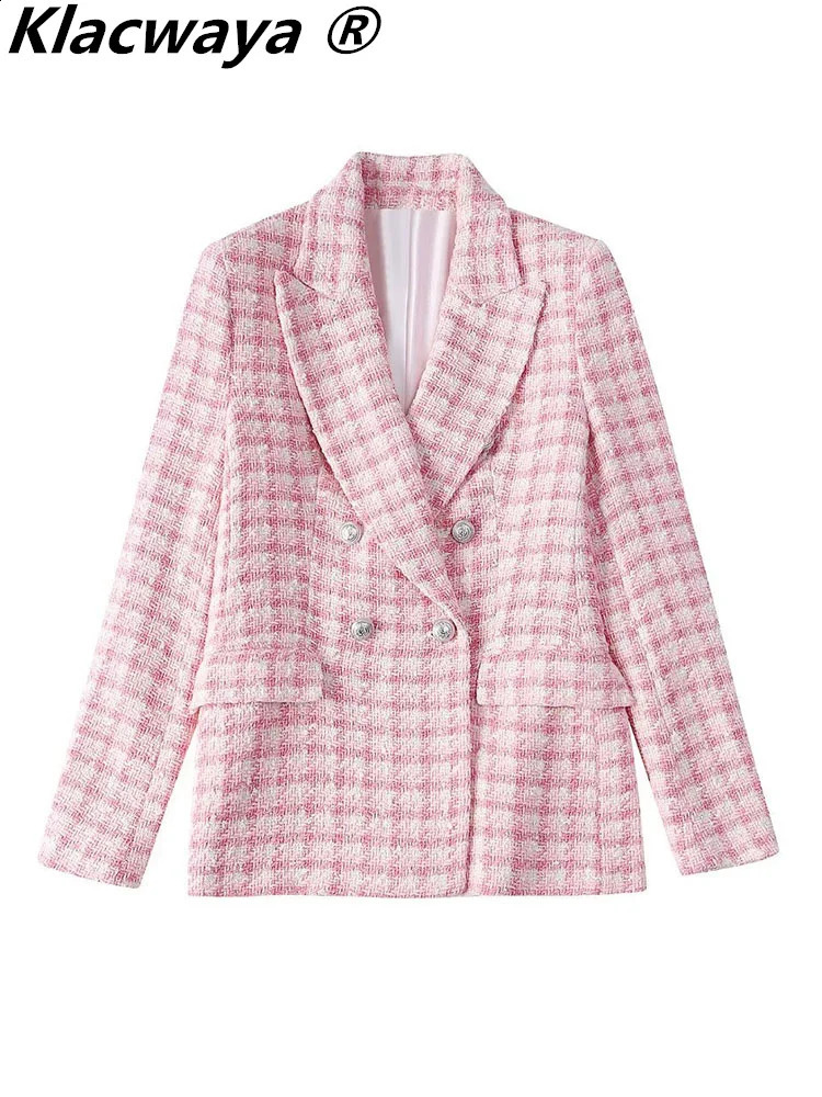 Klacwaya Blazer Women Jacket Pink Plaid Blazer Women Clothing Office Casual Tweed Blazers Double Breasted 240812